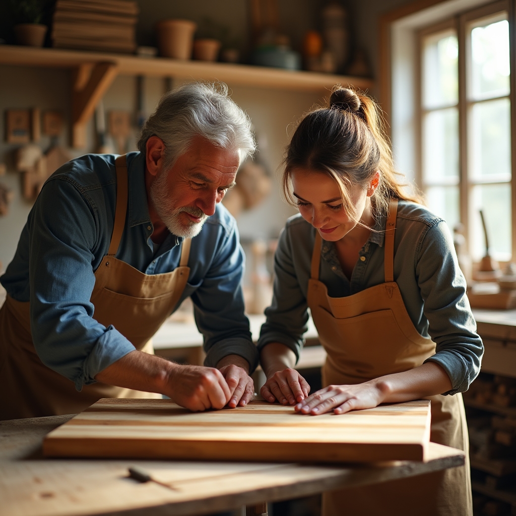 Zwei Generationen einer Familie arbeiten gemeinsam an einer Werkbank in der Holzwerkstatt