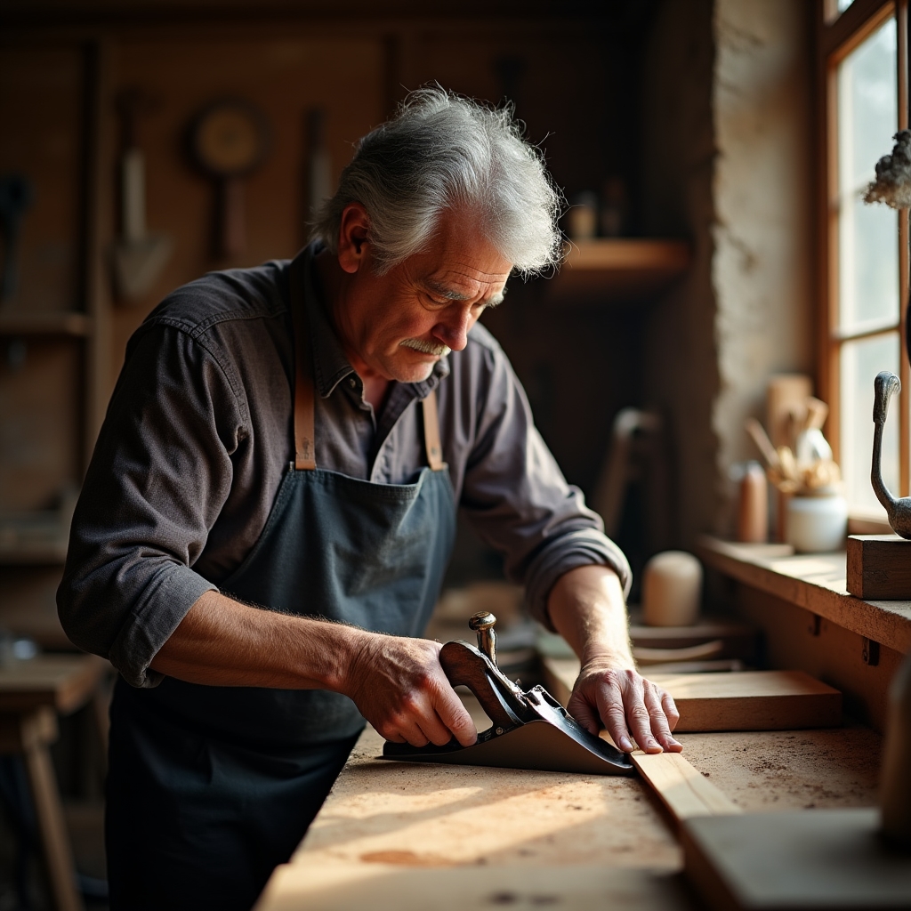 Handwerker beim Hobeln eines schmalen Holzstreifens für ein Schneidbrett