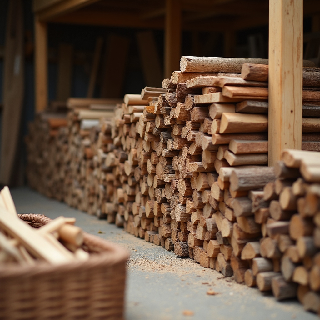 Sortierte Holzreste verschiedener Holzarten aus einer Tischlerei, gestapelt in der Werkstatt