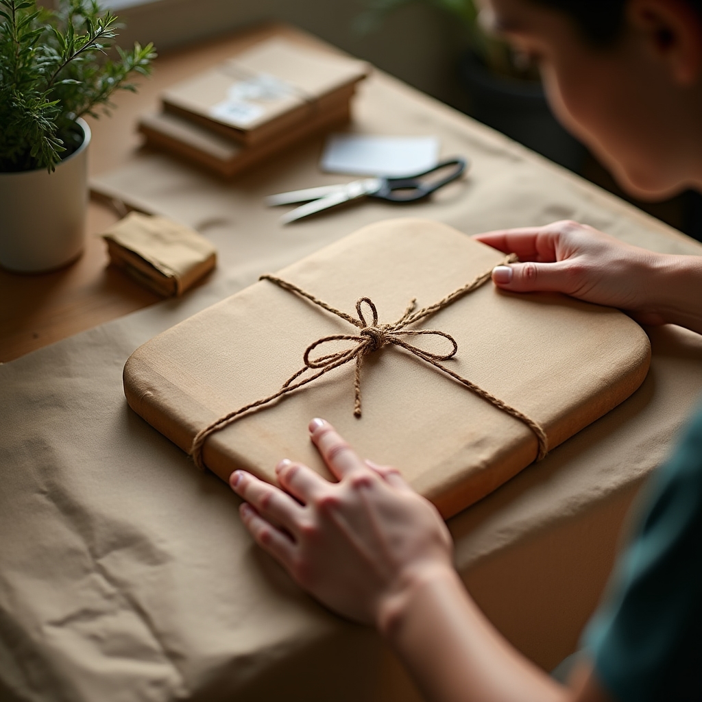 Sorgfältig verpacktes Holzbrett bereit für den Versand an gewerbliche Kunden